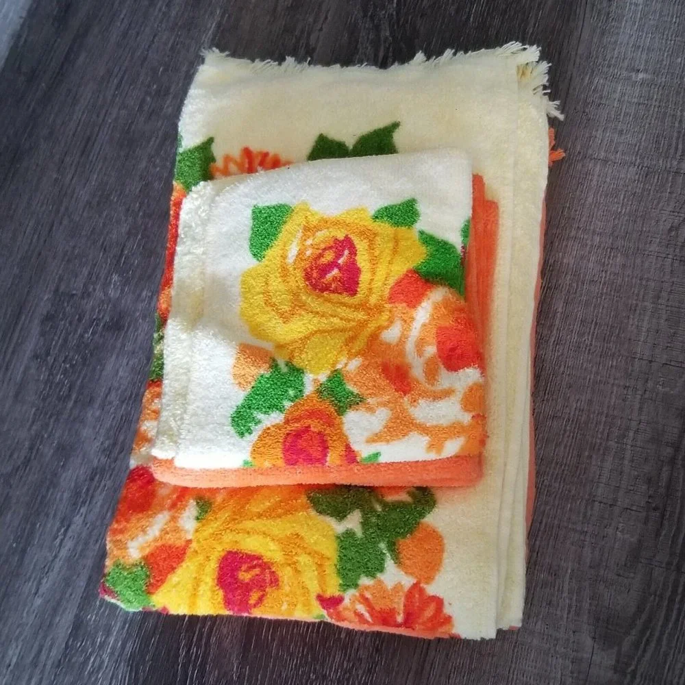 Vintage Towels Cannon Monticello Orange Yellow Bath Set 6 Piece Floral Flowers